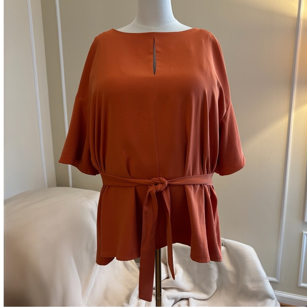 Eloquii Blouse Tie Front Short Sleeve Vibrant Orange Office Elegant